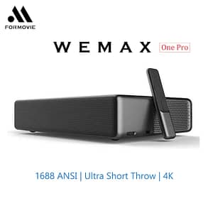 Wemax One Ultra Short Throw Laser Projector Right 45° view and remote control 1688 ANSI I Ultra Short Throw | 4K